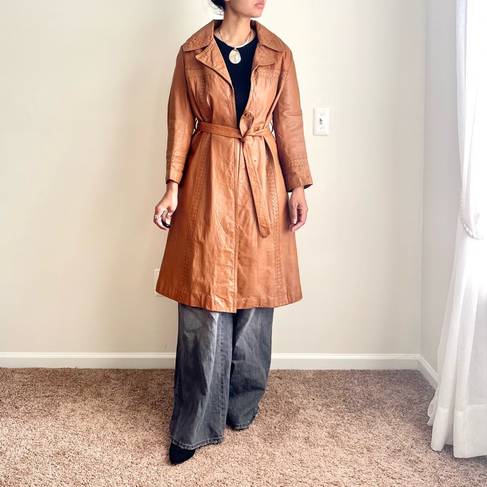 Vintage 70s Cognac Leather Trench Coat Woven Braided - Picture 2 of 11